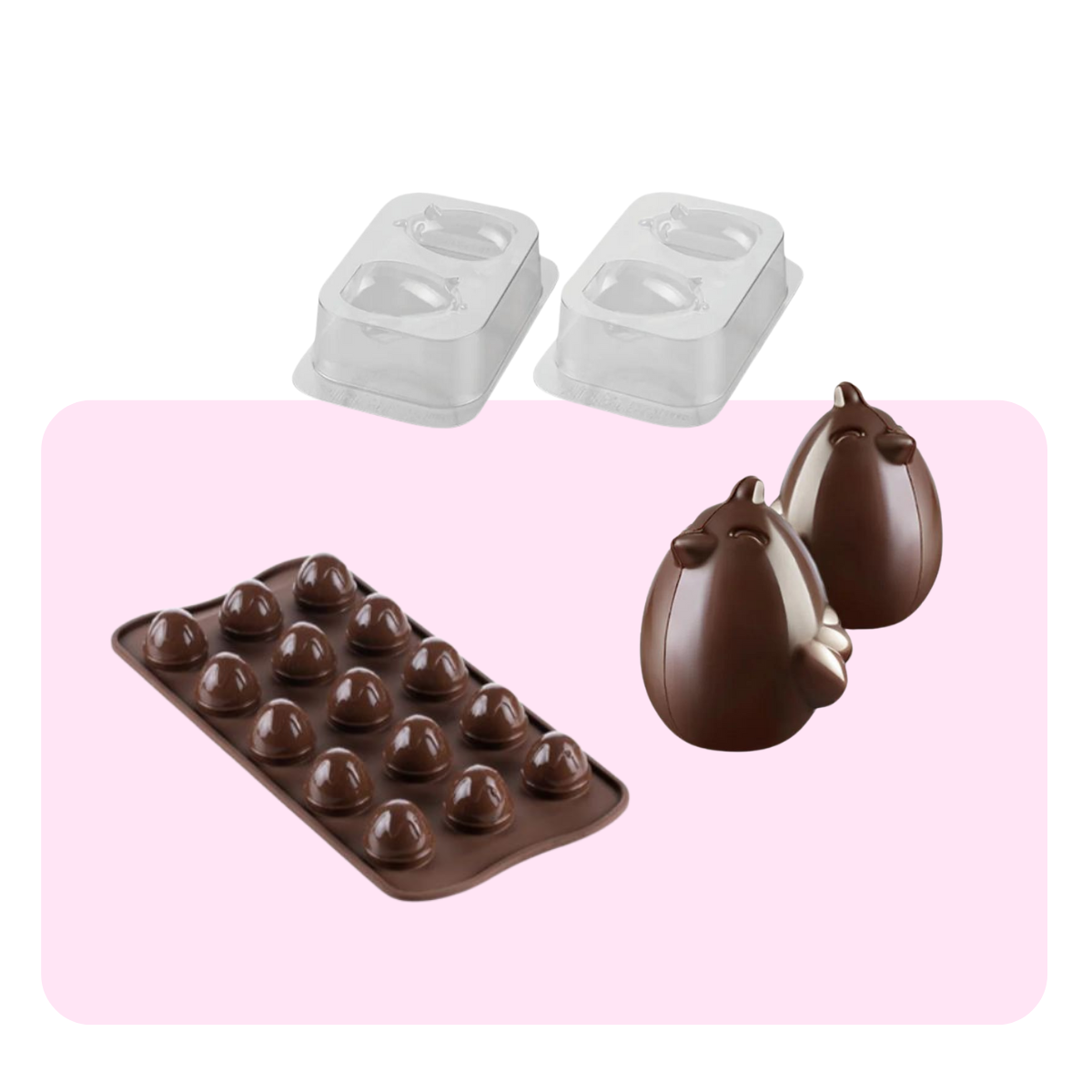 Banner a sfondo rosa, sotto a degli esempi, per stampi per cioccolato