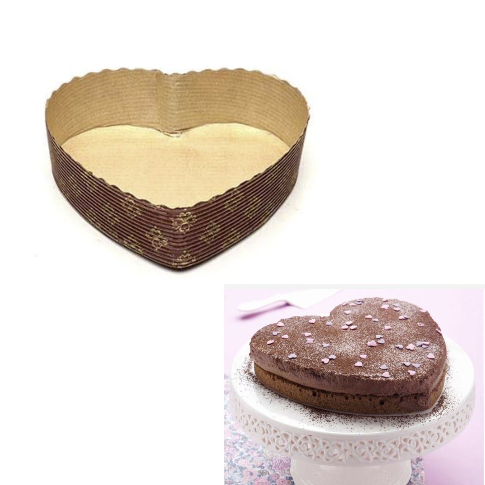 Stampo di carta a forma di cuore e torta al cioccolato a forma di cuore 
