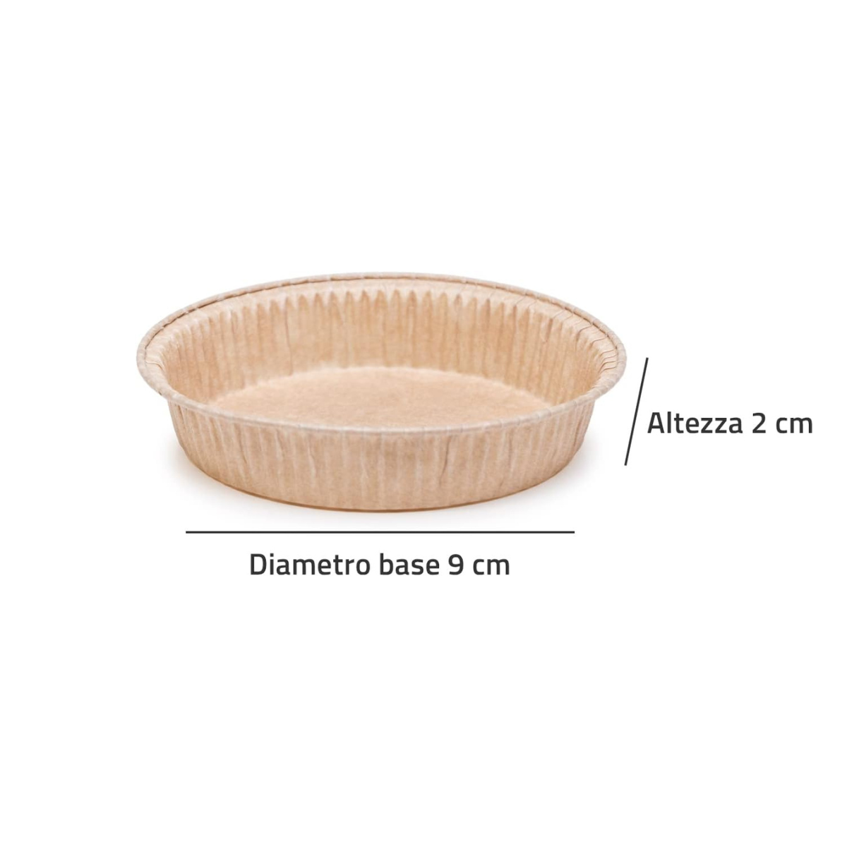Stampo per crostatina mostrato vuoto con le sue misure 