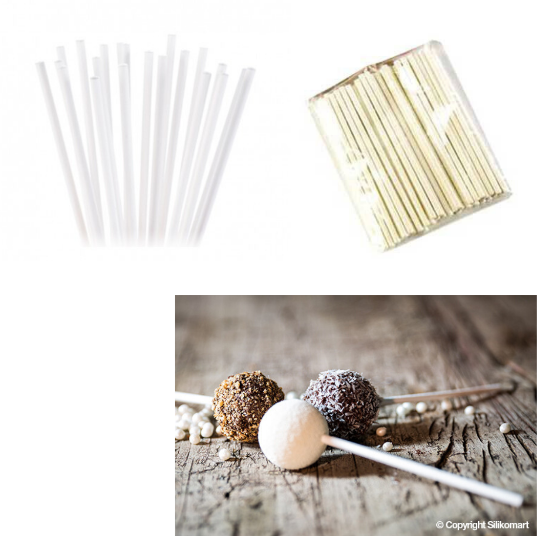 Stecchi per lecca lecca mostrati sfusi, nella loro confezione e in tre lecca lecca 