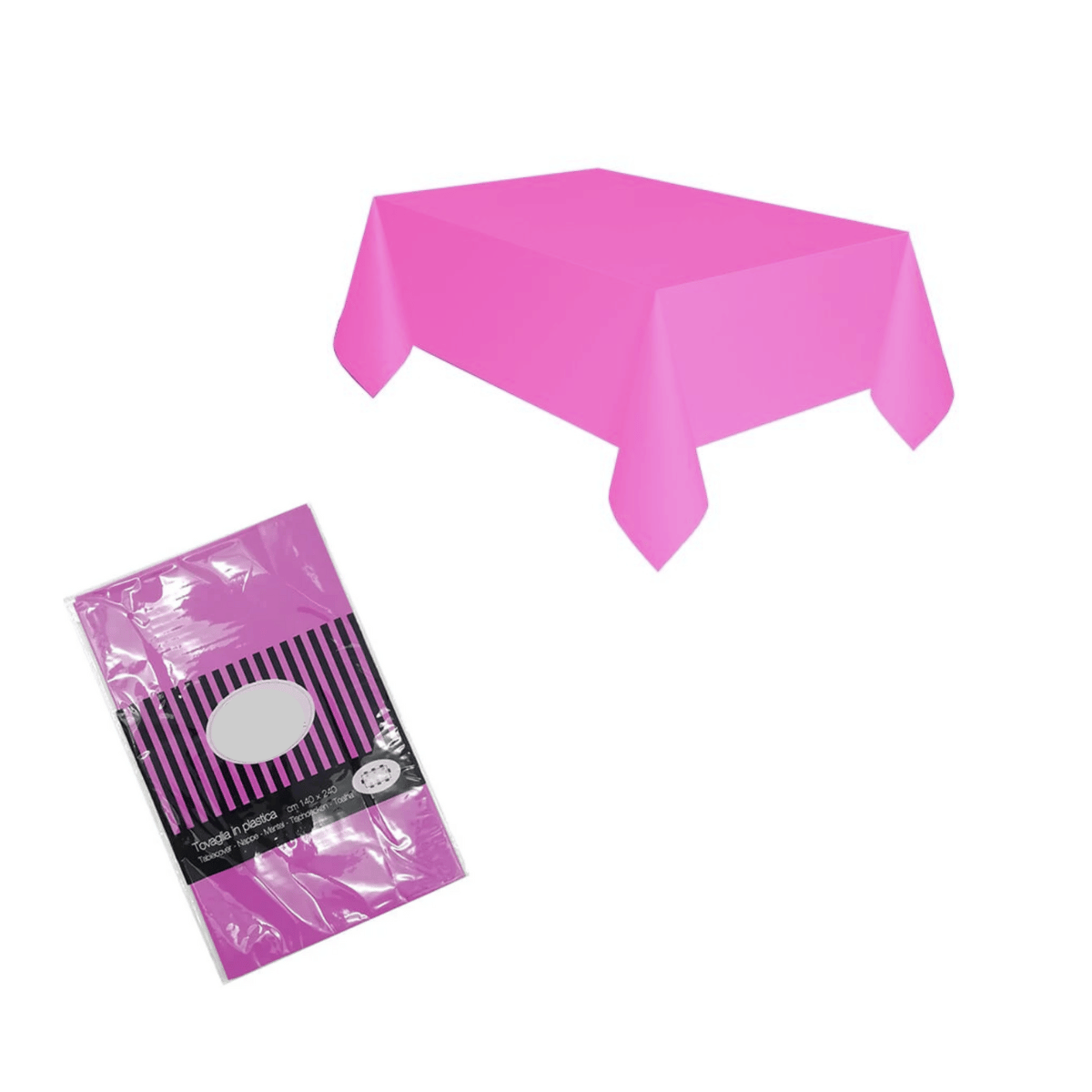 Tovaglia di plastica colore fucsia, mostrata sia aperta come su un tavolo sia nella sua confezione