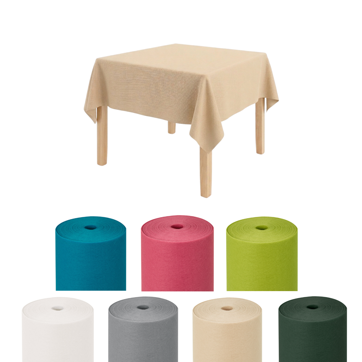 Tavolino di legno con sopra tovaglia monouso  color crema e rotoli dei vari colori disponibili 