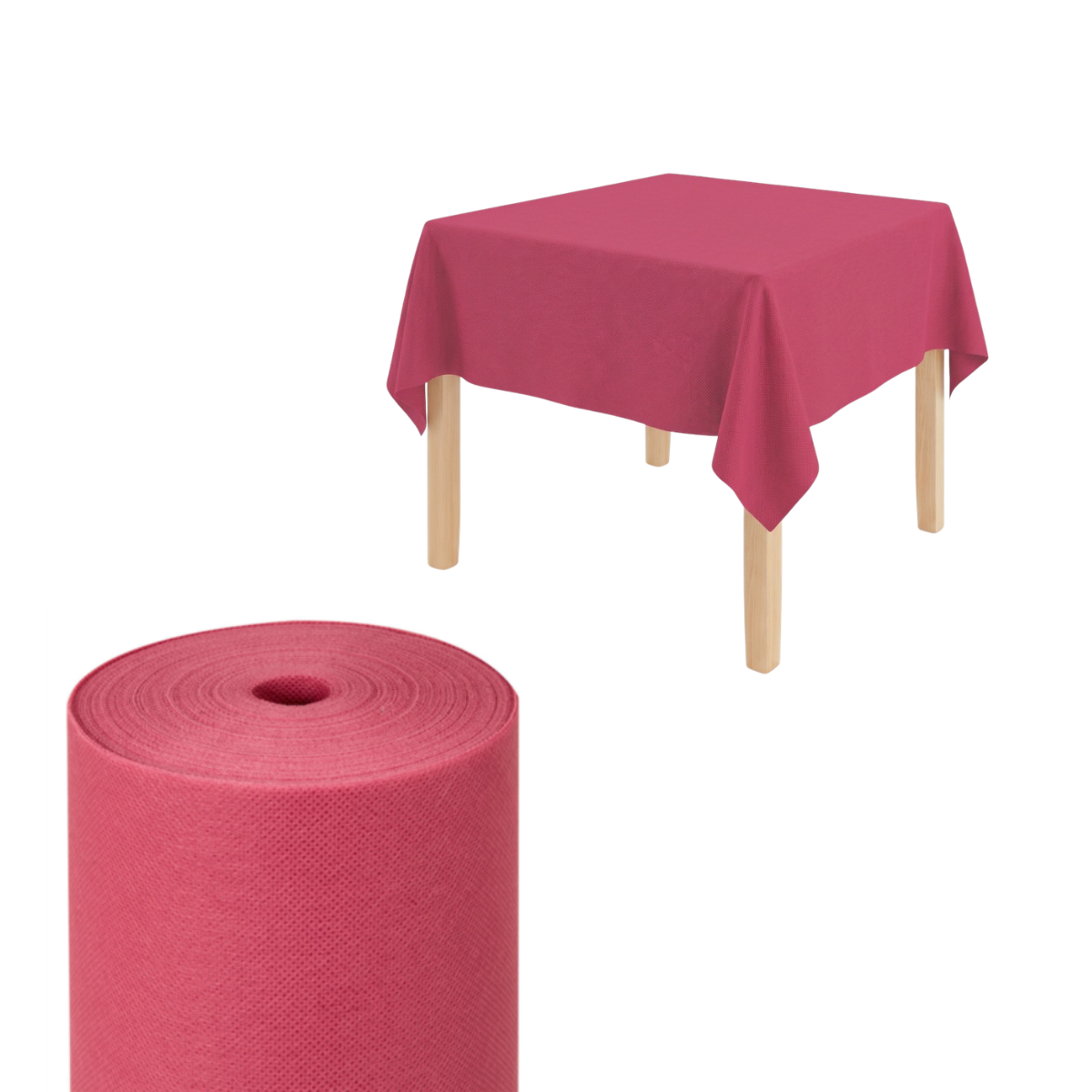 Tavolino di legno con sopra tovaglia monouso  e rotolo color lampone