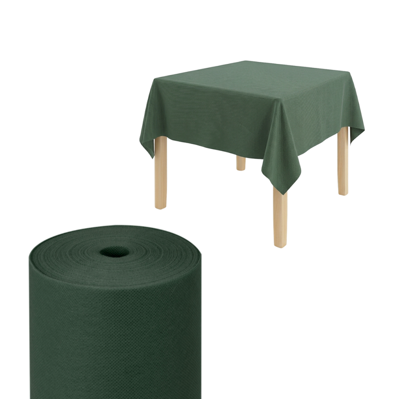 Tavolino di legno con sopra tovaglia monouso  e rotolo color verde scuro