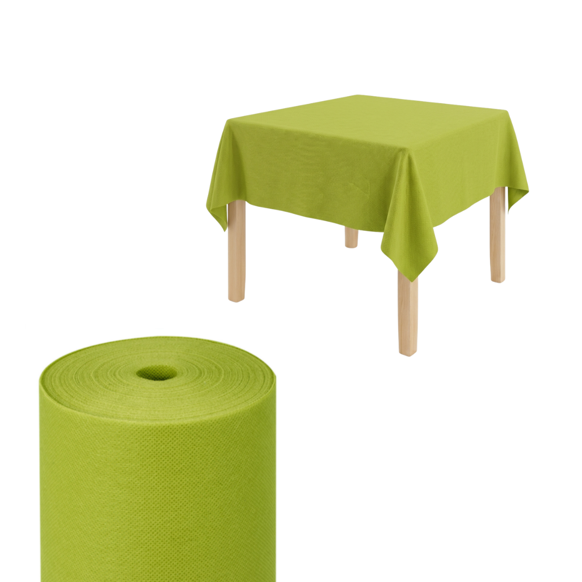 Tavolino di legno con sopra tovaglia monouso  e rotolo color verde lime