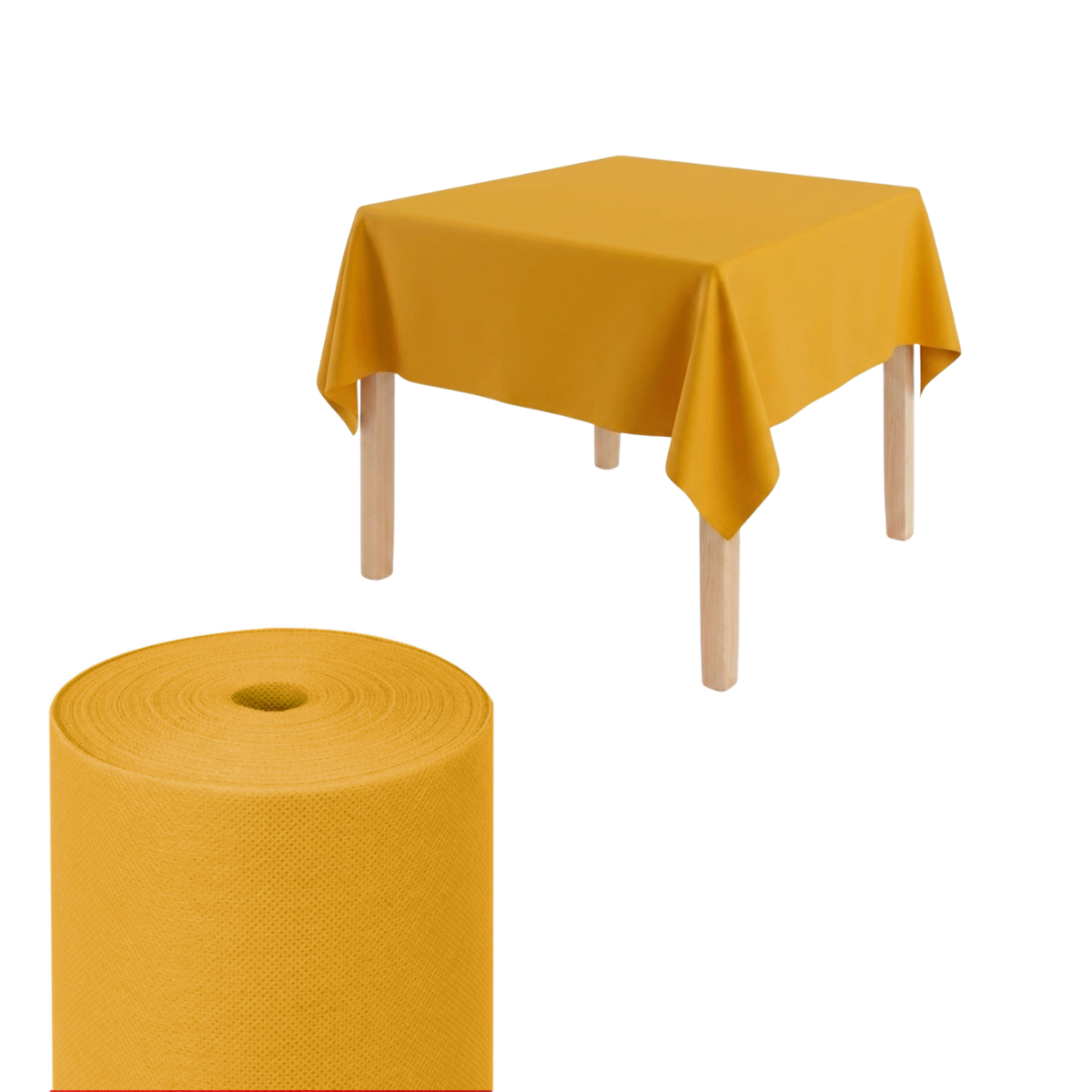 Tovaglia in rotolo, colore giallo, mostrata su un tavolino e nel suo rotolo