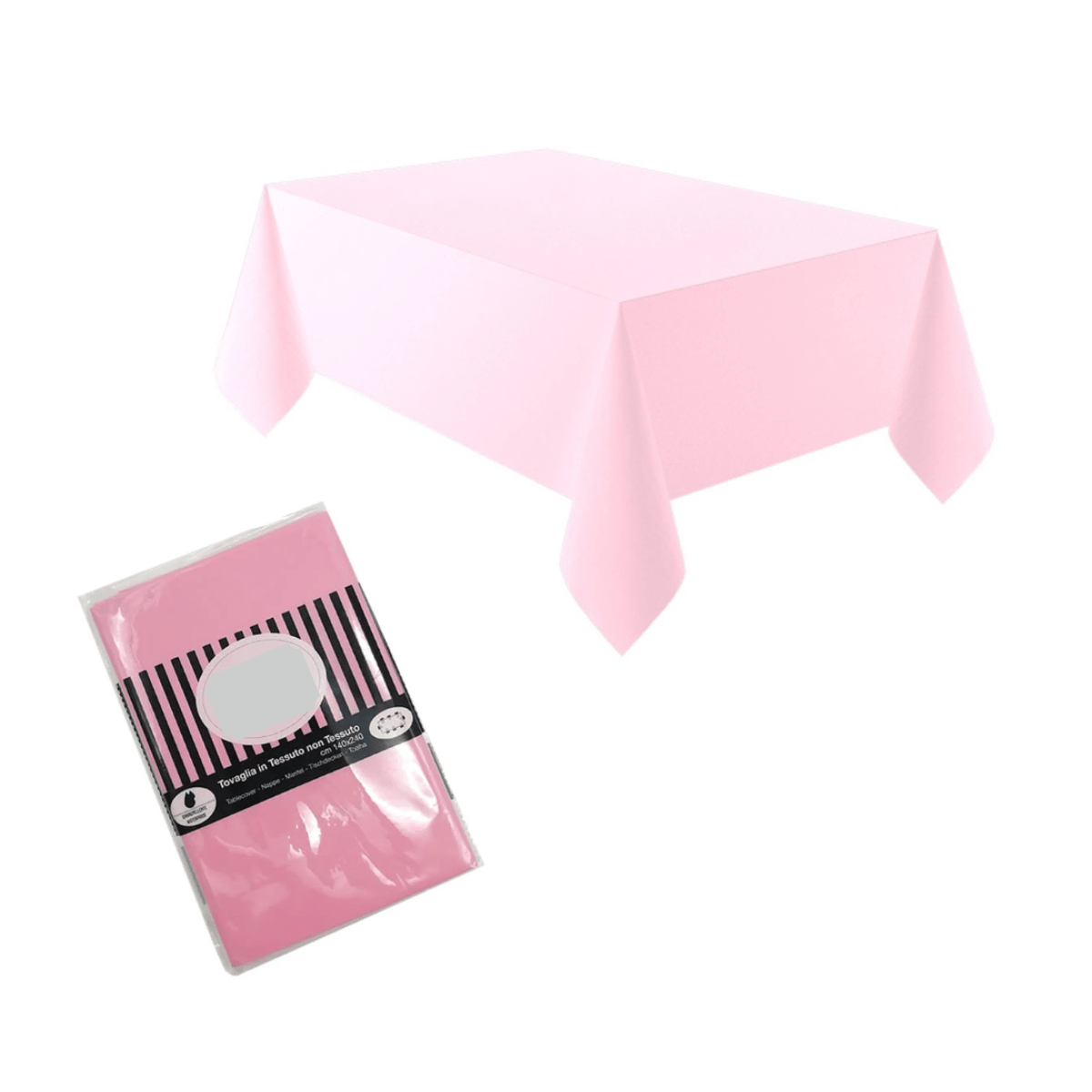 Tovaglia di plastica colore rosa, mostrata sia aperta come su un tavolo sia nella sua confezione