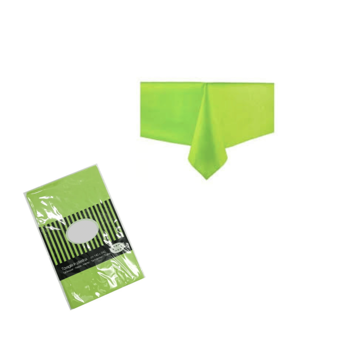 Tovaglia di plastica colore verde, mostrata sia aperta come su un tavolo sia nella sua confezione
