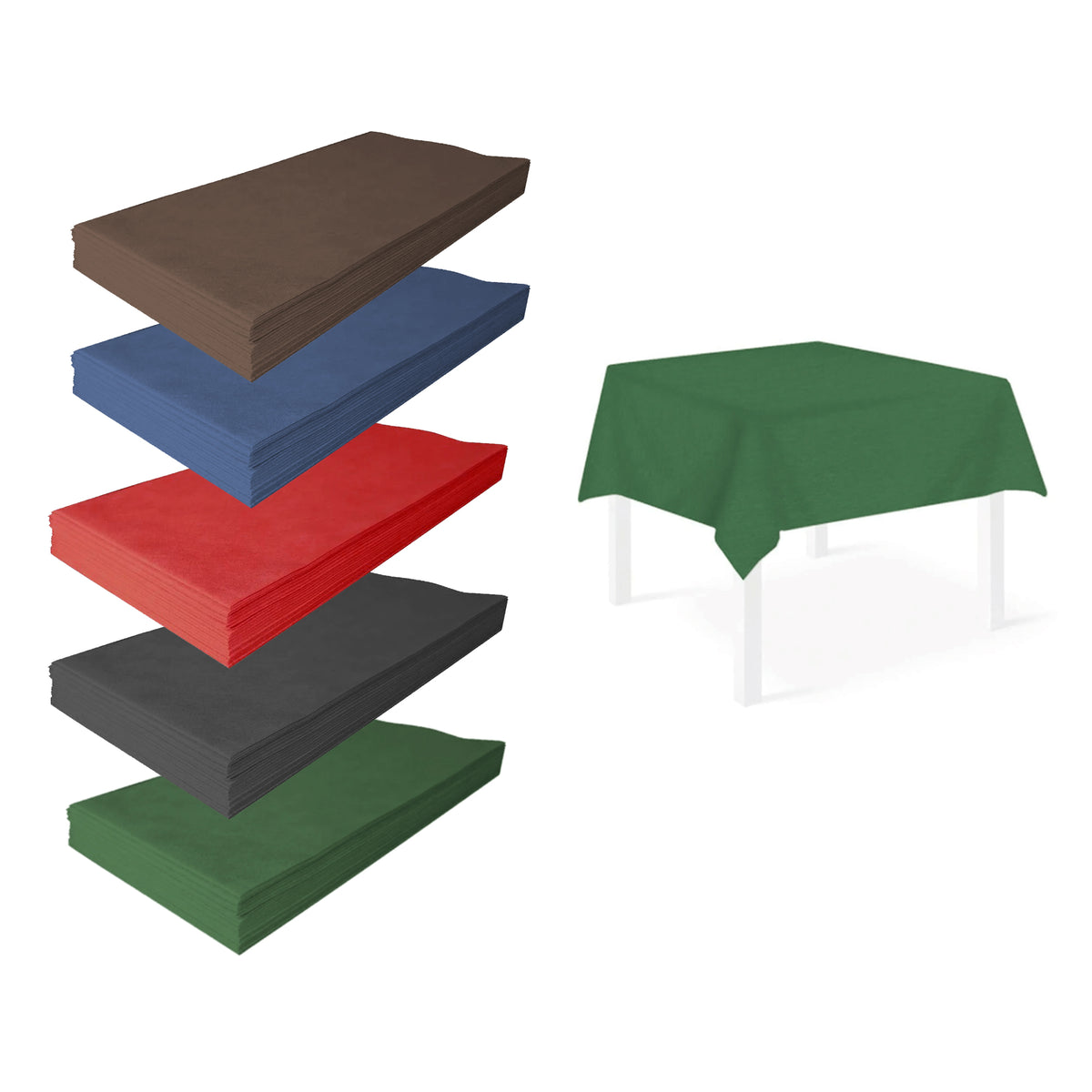 Tovaglia monouso, mostrata stesa e piegata colore verde, marron, blu, rosso e nero