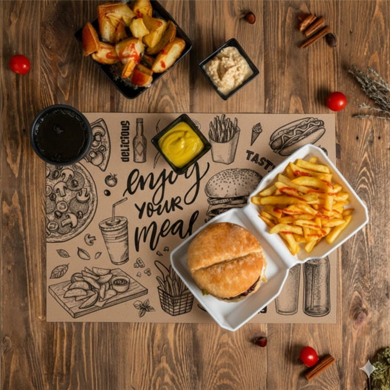 Tovaglietta americana avana con fantasia enjoy your meal, su un tavolo di legno, vista dall'alto , con patatine fritte panino. patats bravas e salse 