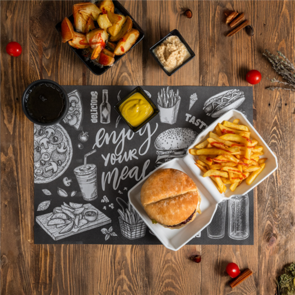Tovaglietta americana nera con fantasia enjoy your meal, su un tavolo di legno, vista dall'alto , con patatine fritte panino. patats bravas e salse 