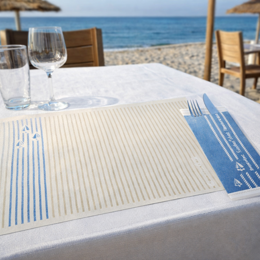 Tavolino all'aperto al mare  apparecchiato con tovaglietta americana a righette e suo portaposate