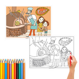 Tovaglietta da colorare, fronte e retro, mano che regge una matita colorata rossa e set di matite colorate