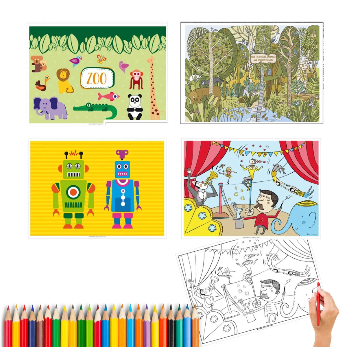 Tovagliette da colorare, vari temi: zoo, giungla, robot, circo