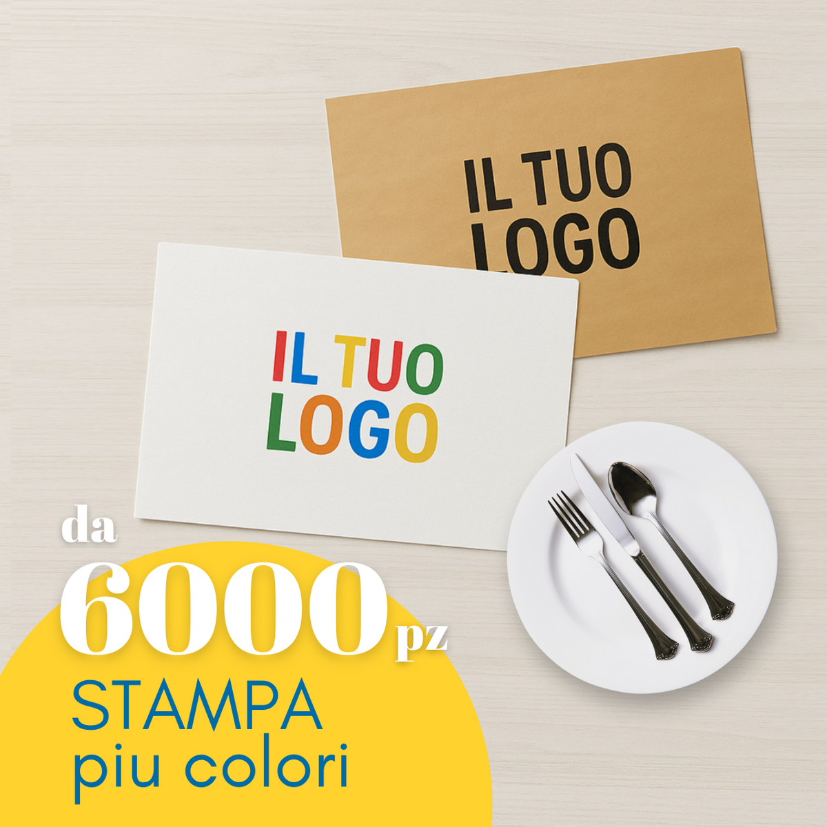 Tovagliette personalizzate con il tuo logo. Una bianca una color avana. Scritta in primo piano da 6000 pz stampa piu colori