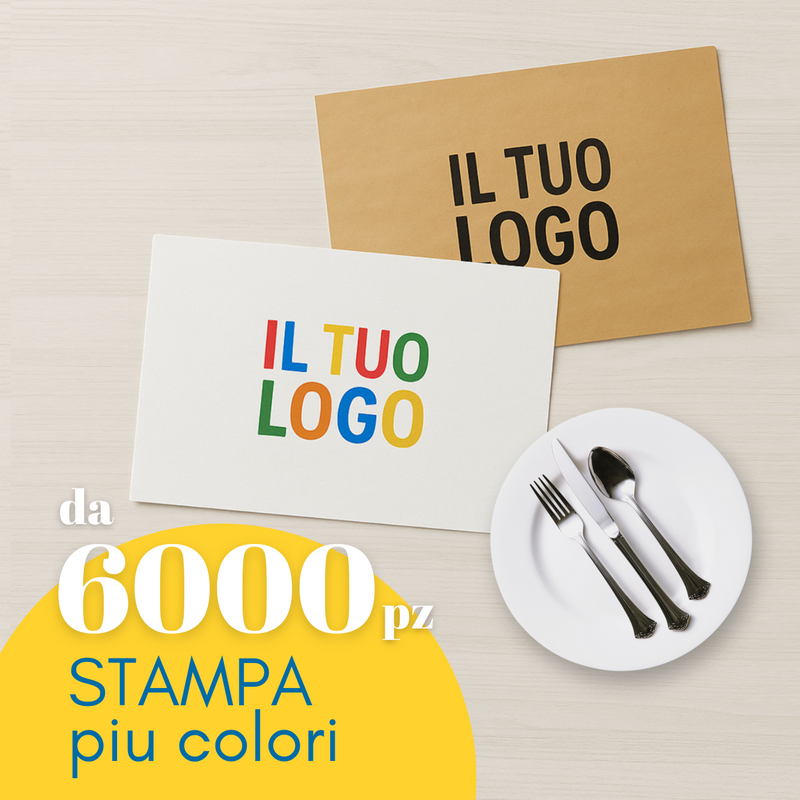 Tovagliette personalizzate con il tuo logo. Una bianca una color avana. Scritta in primo piano da 6000 pz stampa piu colori