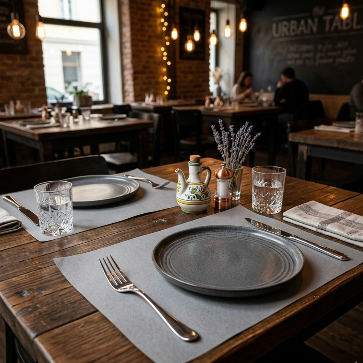 Tavola apparecchiata in ristorante urban  con tovagliette americane 