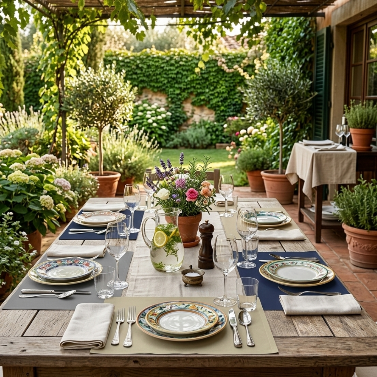 Tavola apparecchiata all'aperto con tovagliette americane 