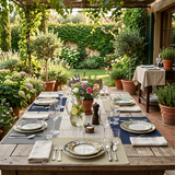 Tavola apparecchiata all'aperto con tovagliette americane 