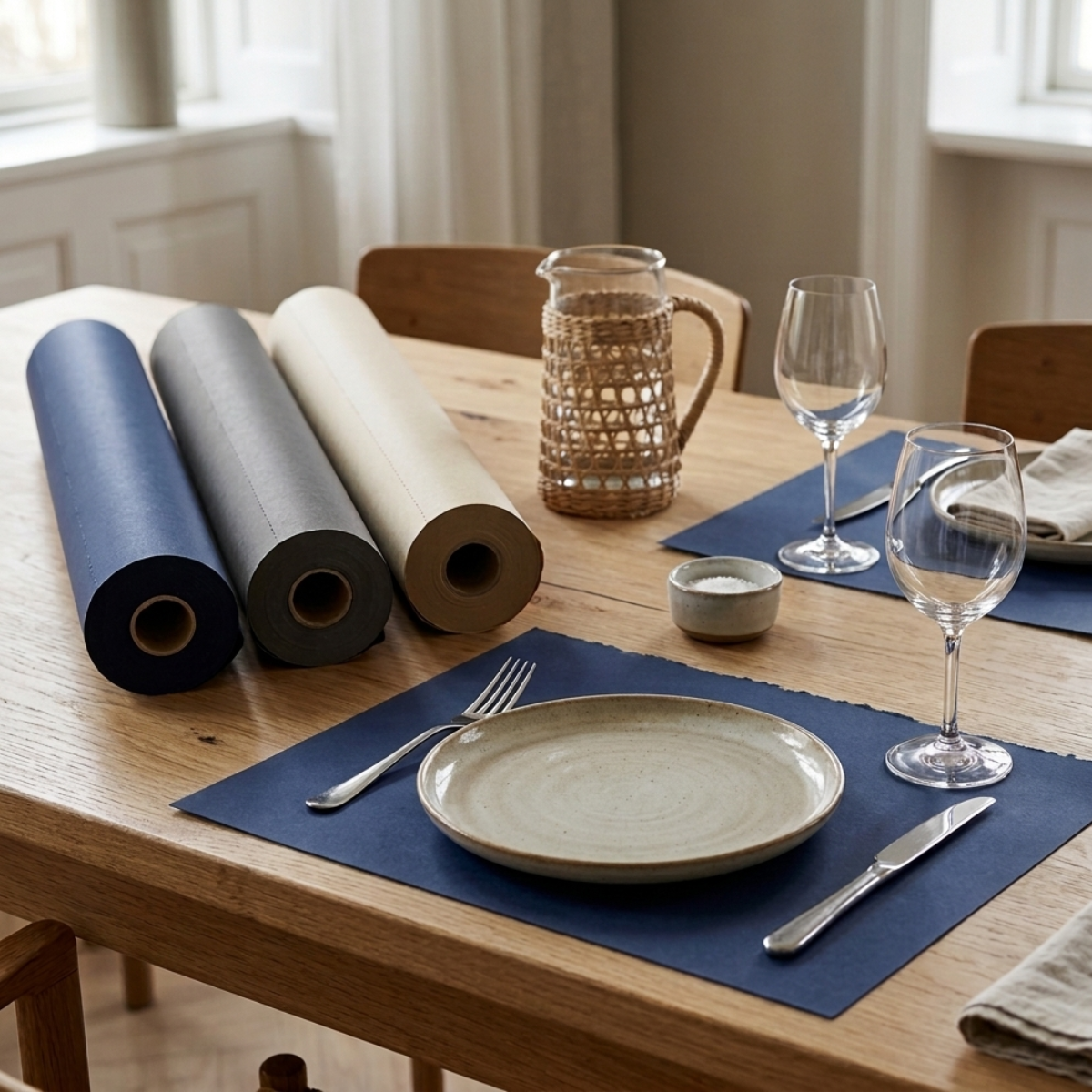 Tavola apparecchiata  con tovagliette americane e tre rotoli di carta a strappi per tovagliette 