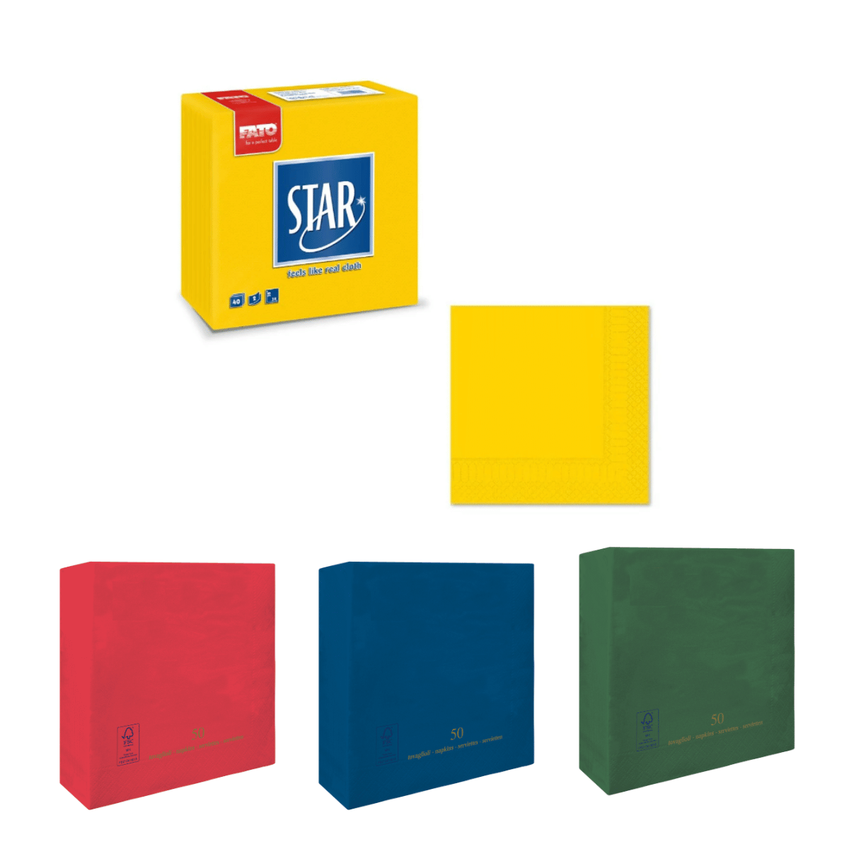 Pacchi di tovaglioli di carta rossi, blu, verdi e giallo