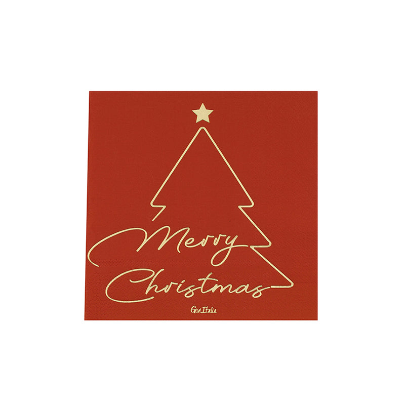 Tovagliolo di carta rosso con stilizzato in oro albero di natale e scritta merry christmas