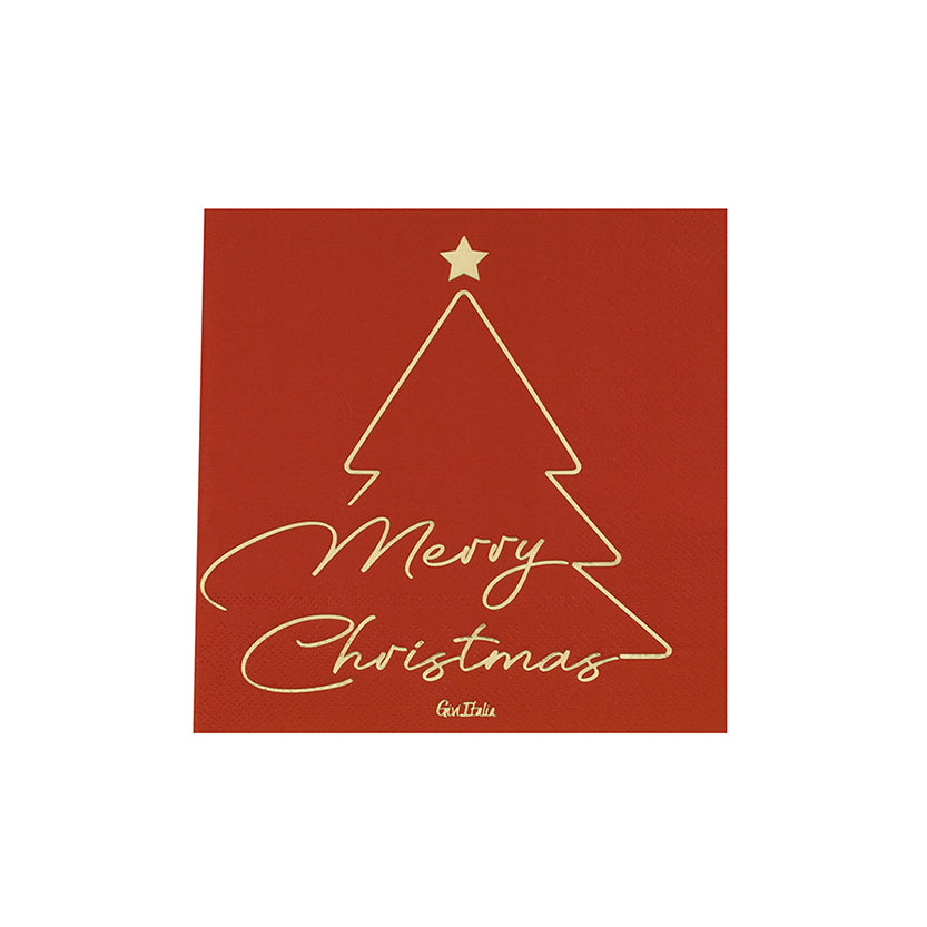 Tovagliolo di carta rosso con stilizzato in oro albero di natale e scritta merry christmas