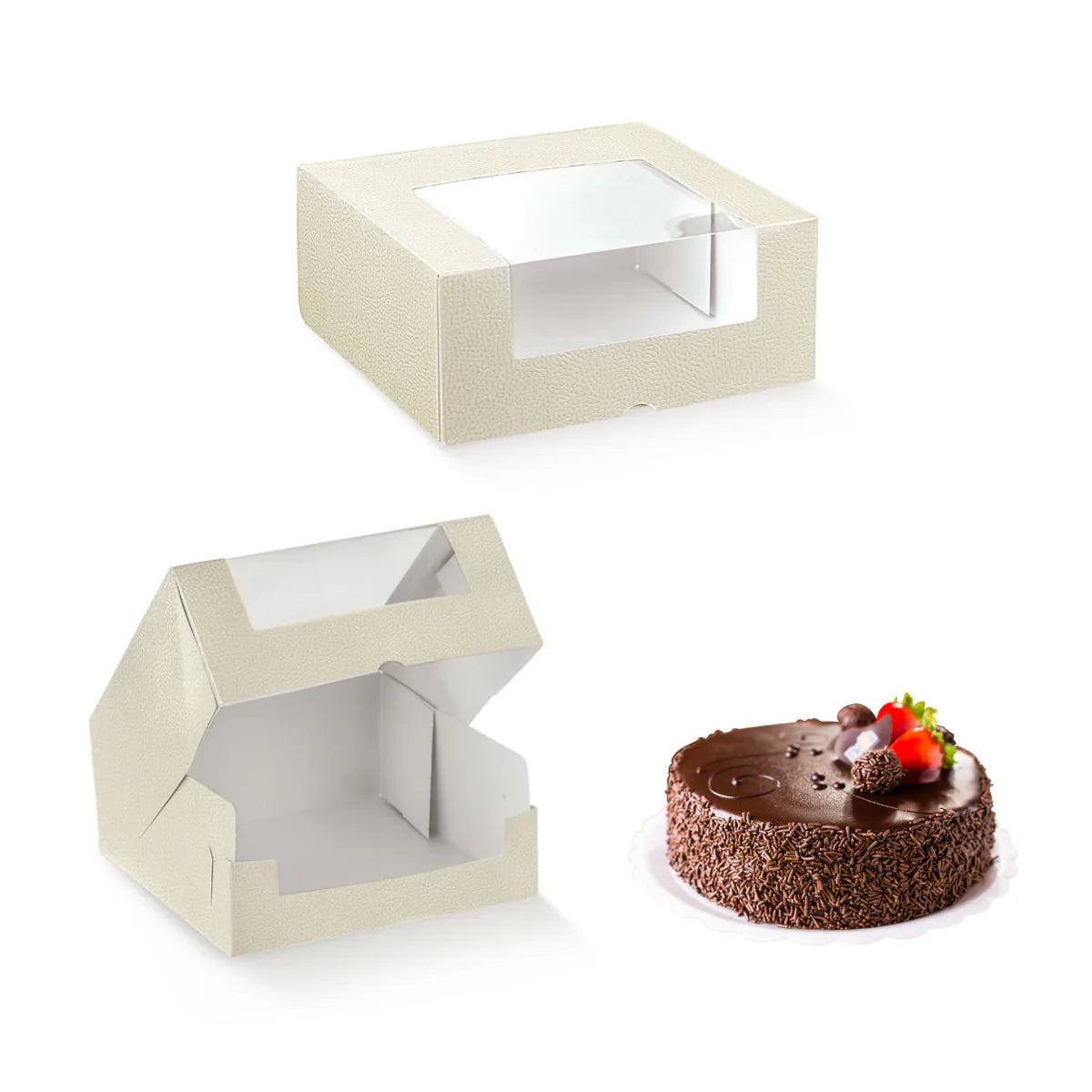 Scatola per torte bianca con finestra, mostrata  chiusa, aperta e con una torta al cioccolato vicino