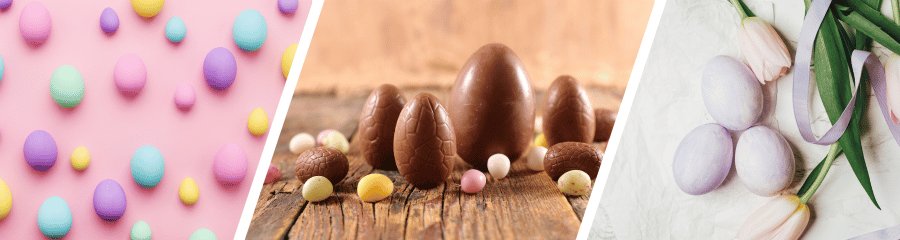 Immagini di confetti, uova di cioccolato e uova di zucchero