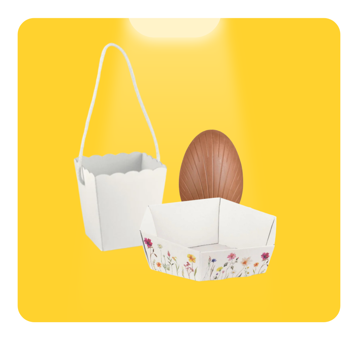 Porta uova di pasqua, vassoio e cestello bianco, ed un uovo di cioccolato 