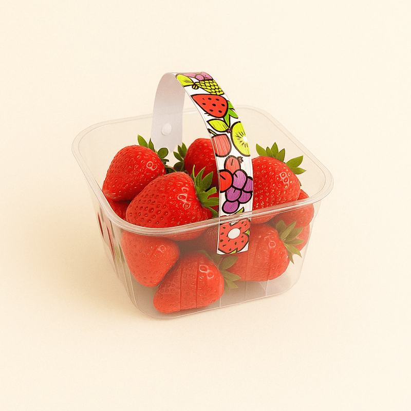 Vaschetta in plastica, trasparenti, con manico decorato, ripiena di fragole