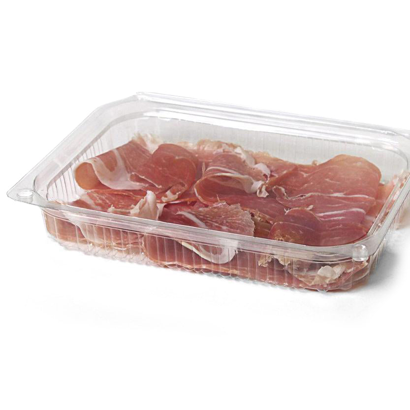 Vaschetta di plastica trasparente per salumi ripiena di prosciutto