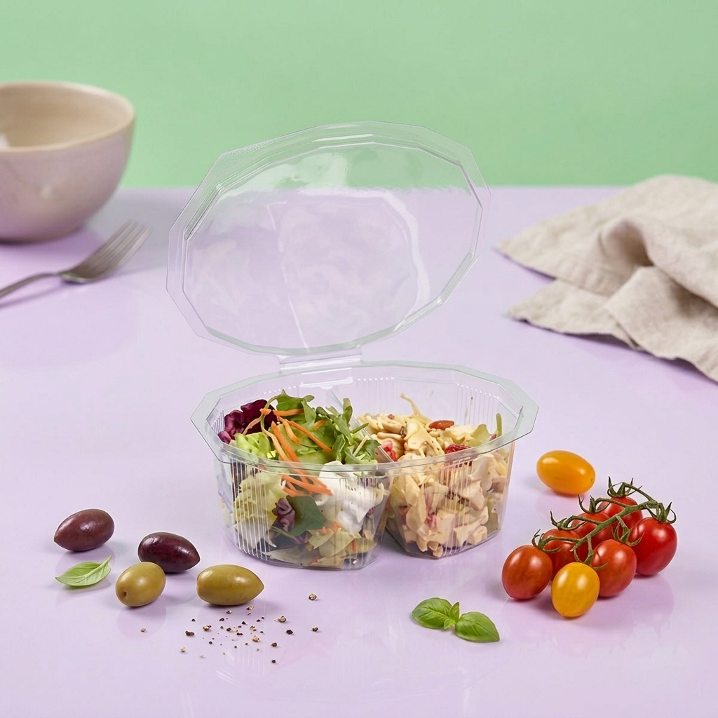 Vaschetta a scomparti in plastica, piena di insalata e tonno