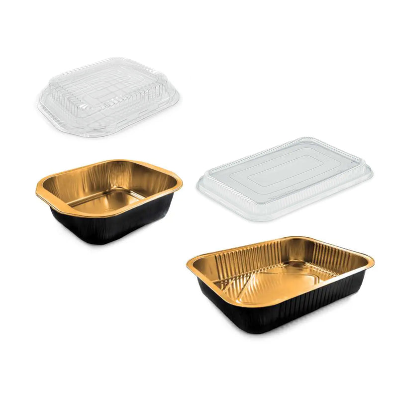 Vaschette in alluminio nere con interno oro, due misure diverse , vuote, con coperchi trasparenti mostrati