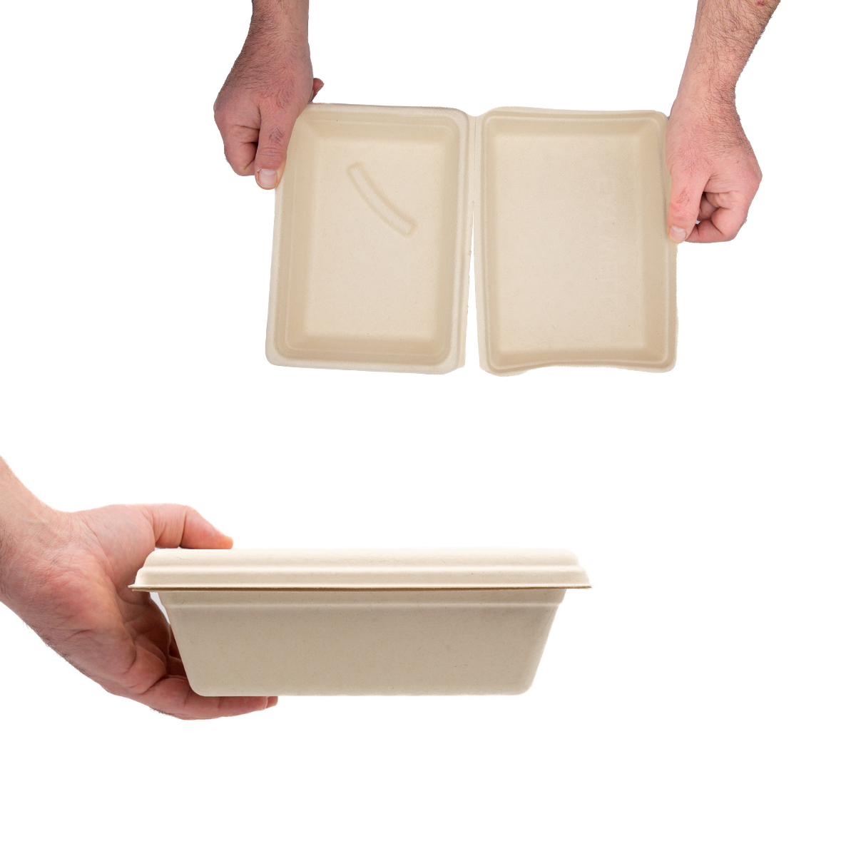 Mani che reggono vaschetta con coperchio color avana