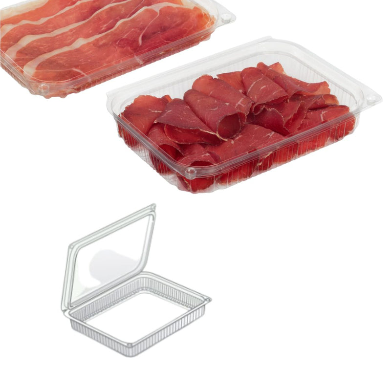 Vaschetta di plastica bassa piena di prosciutto e suo disegno 