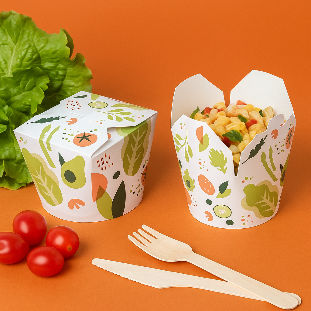 Vaschette porta alimenti bianche con fantasie di frutta su tavolo arancione con insalata, pomodori e posate usa e getta. Una chiusa ed una aperta con dentro insalata di pasta 