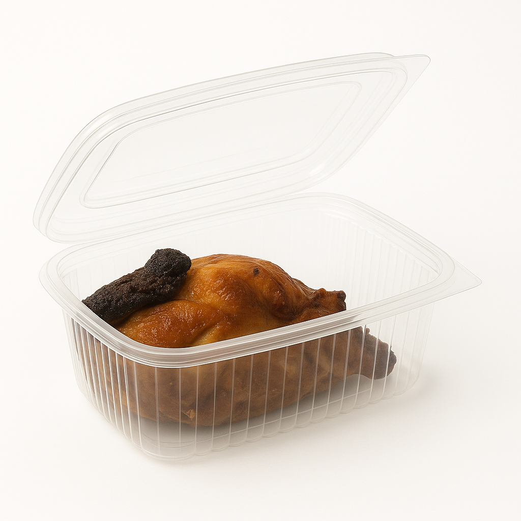 Vaschetta trasparente per alimenti con chiusura ermetica contenente pollo al forno
