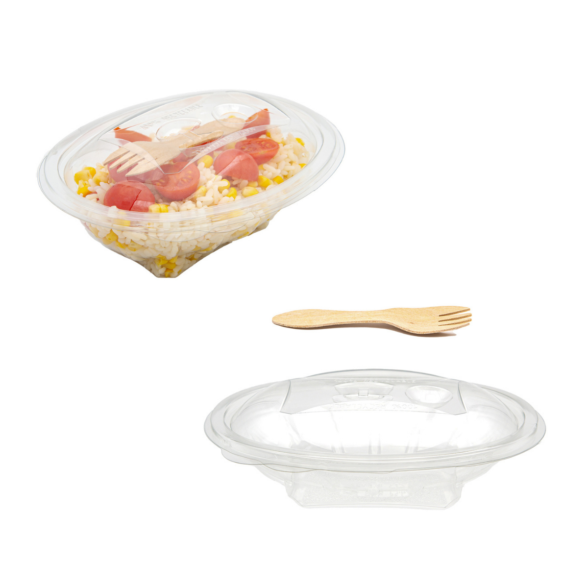 Vaschetta porta alimenti, trasparente, con coperchio e forchetta di legno. Mostrata chiusa con insalata di riso e vuota