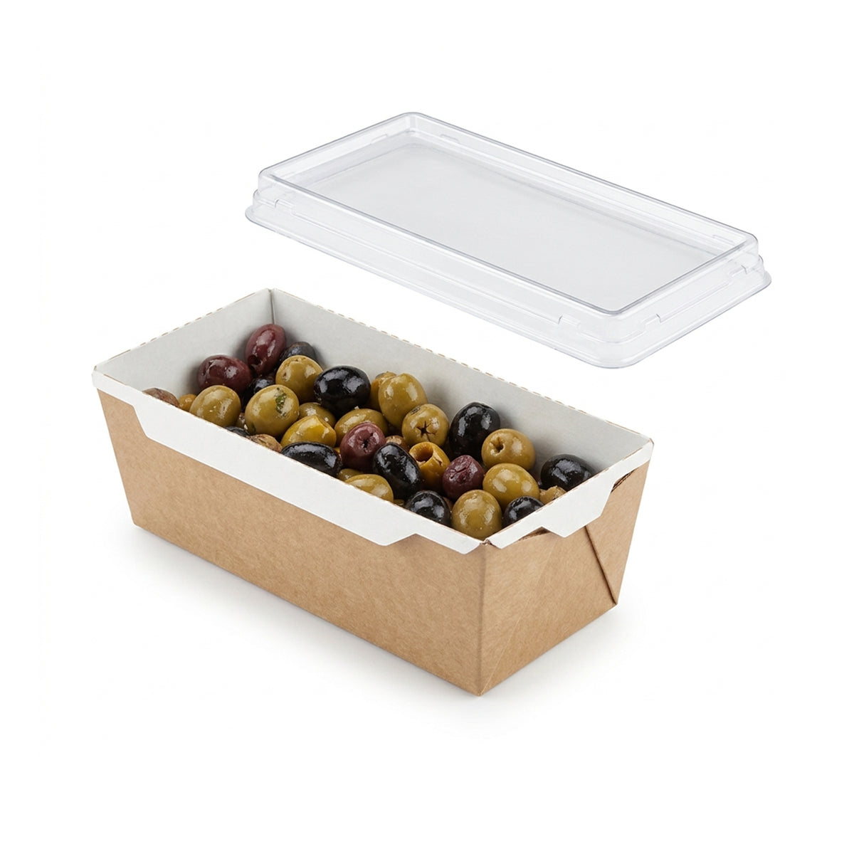 Vaschetta di cartone per microonde ripiena di olive, ed il suo coperchio di plastica