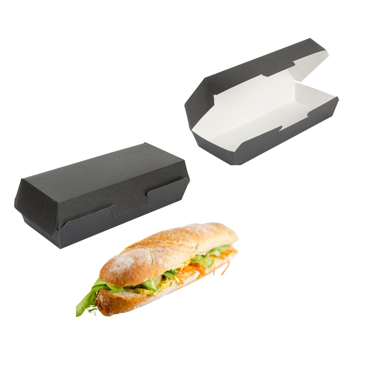 Vaschetta nera per panino, mostrata aperta e chiusa. Panino in primo piano