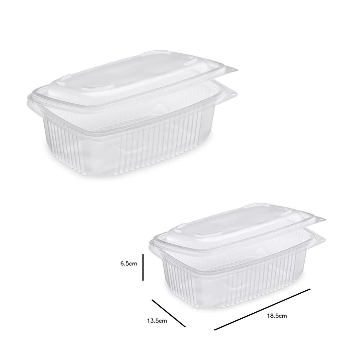 Vaschetta di plastica trasparente semiaperta mostrata con le sue misure e senza