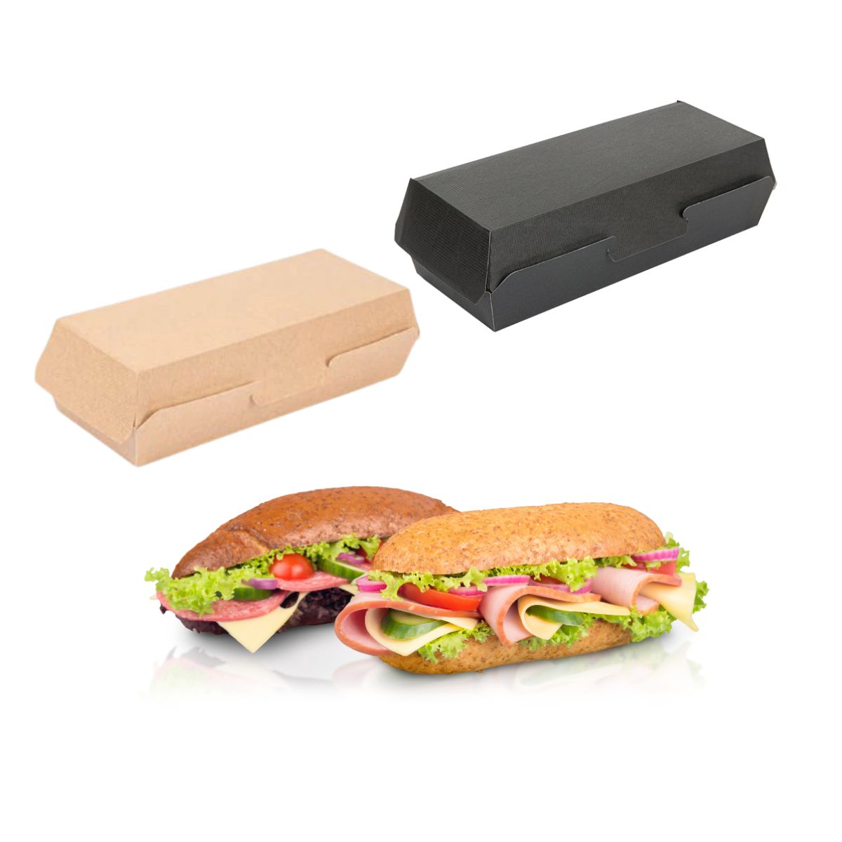 Vaschetta per panino lungo, color avana e color nero, due panini in primo piano