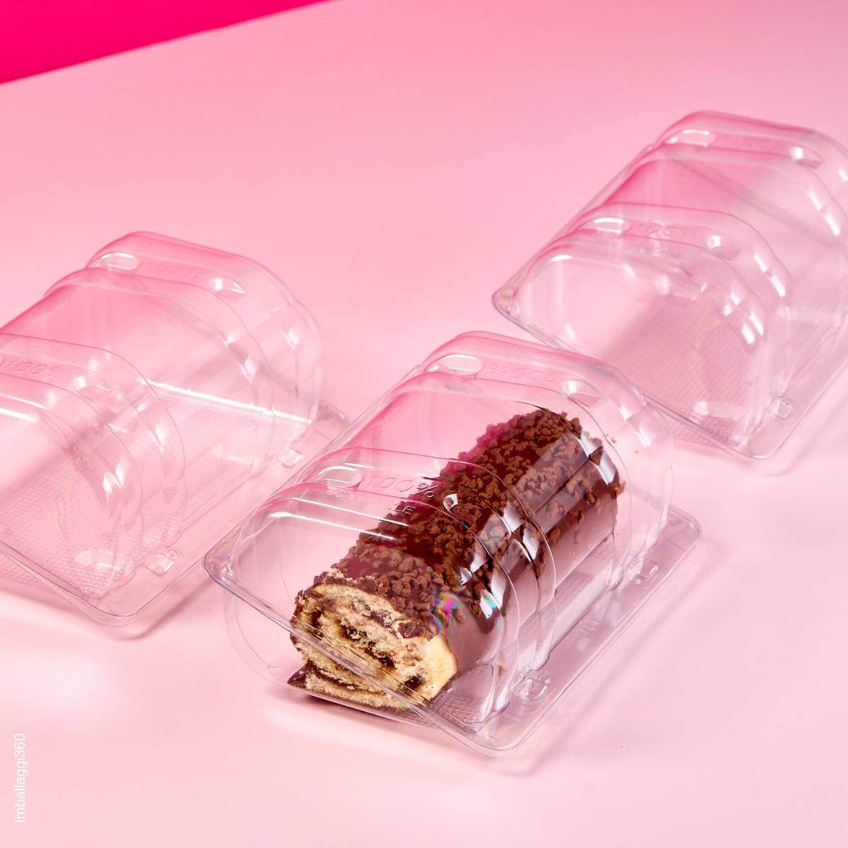 Vaschetta per alimenti con coperchio forma arrotondata per contenere rotolo dolce