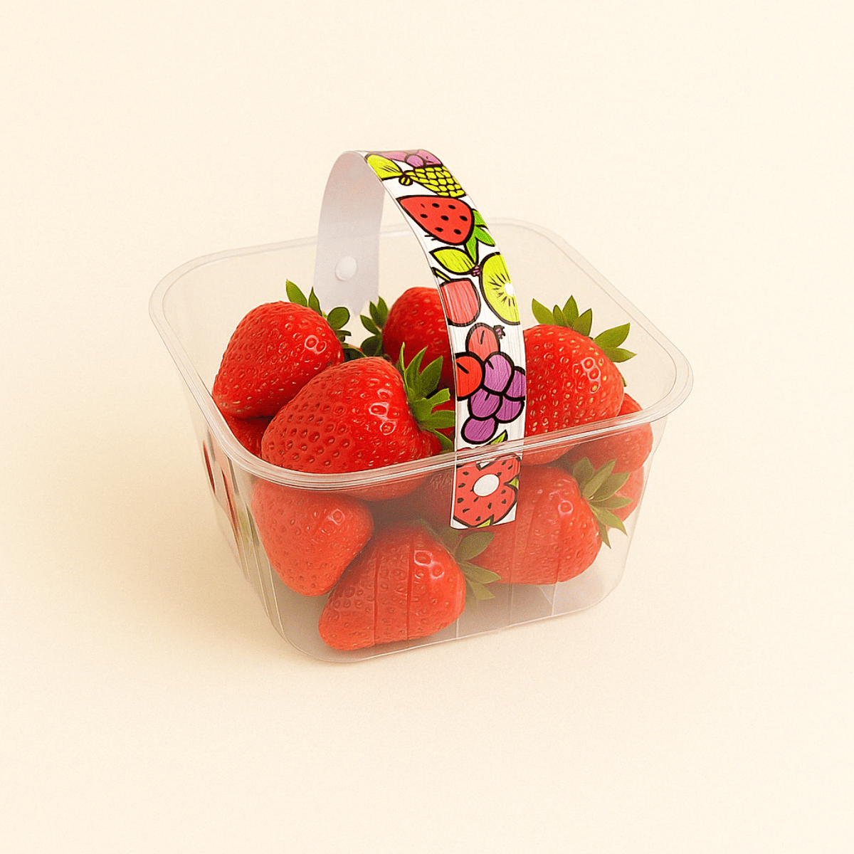 Vaschetta in plastica, trasparenti, con manico decorato, ripiena di fragole