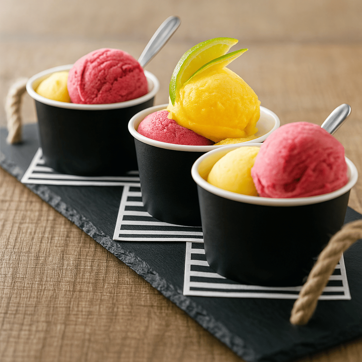 Vaschetta per gelato in cartoncino, nera. Tre disposte con gelato dentro su vassoio di ardesia. 