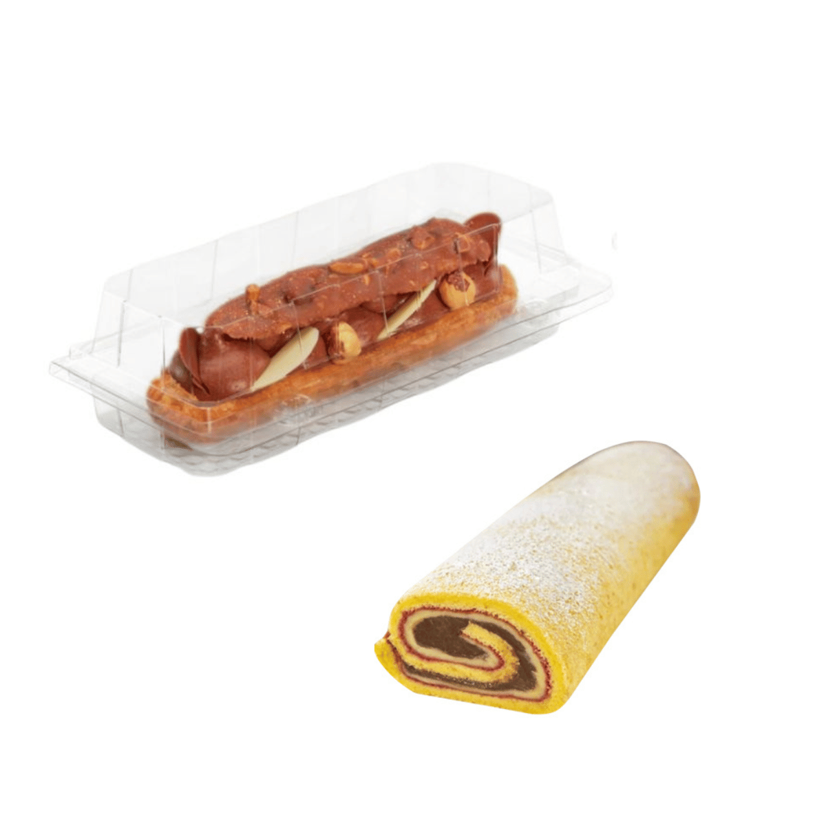 Vaschetta per rotolo dolce farcito, di plastica, con un dolce dentro ed uno fuori