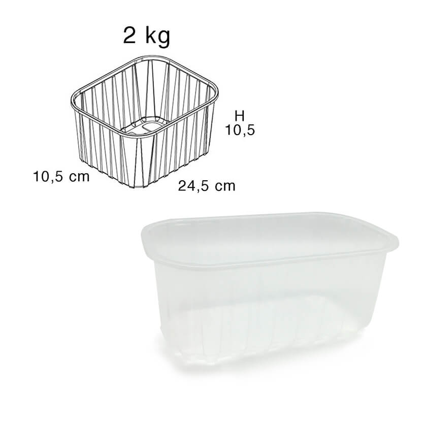 Vaschetta bianca di plastica vuota e suo disegno tecnico