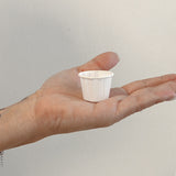 Mano che tiene vaschetta color bianco per salse 
