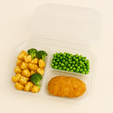 Vaschetta trasparente, 3 scomparti, porta alimenti con piselli patate cavoli e cotoletta